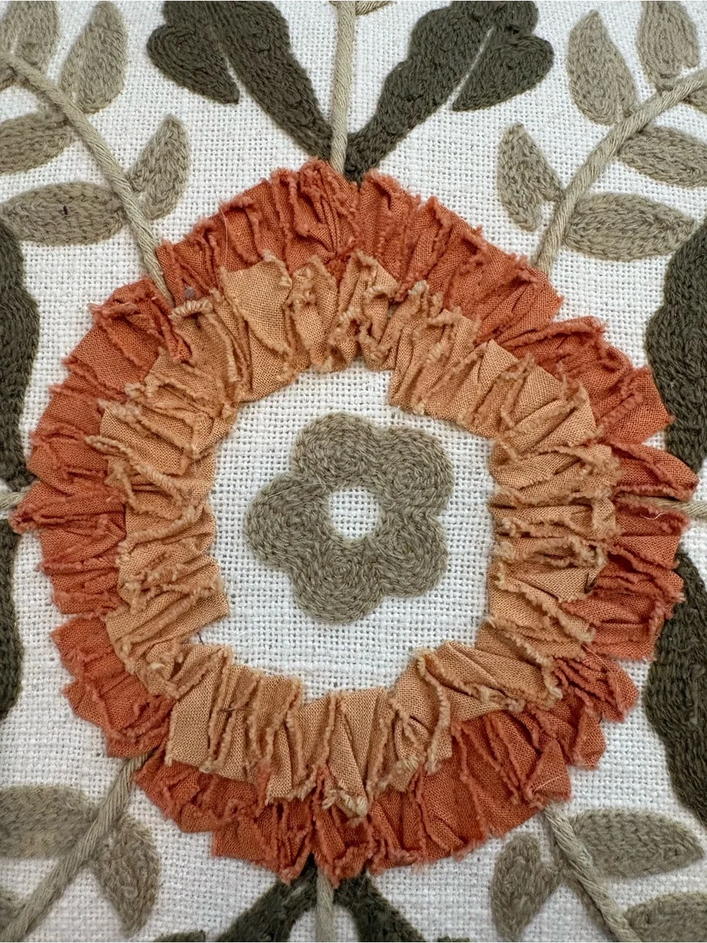 Embroidered Floral Throw Pillow. Fall square texture accent autumn orange green